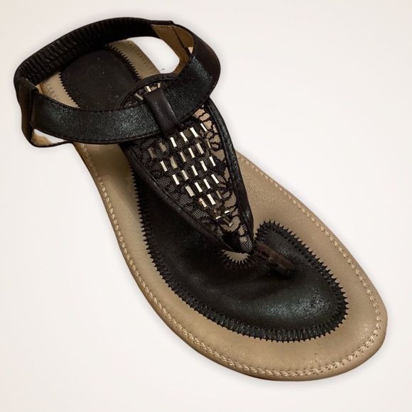 J.J’s Shoes - J.J’S Black Lace Jewelled Faux Leather Thong Sandals